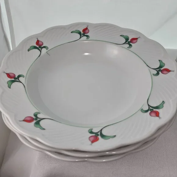 Dansk Rosebud Soup Bowls 9" scallop textured large rim floral romantic set/6